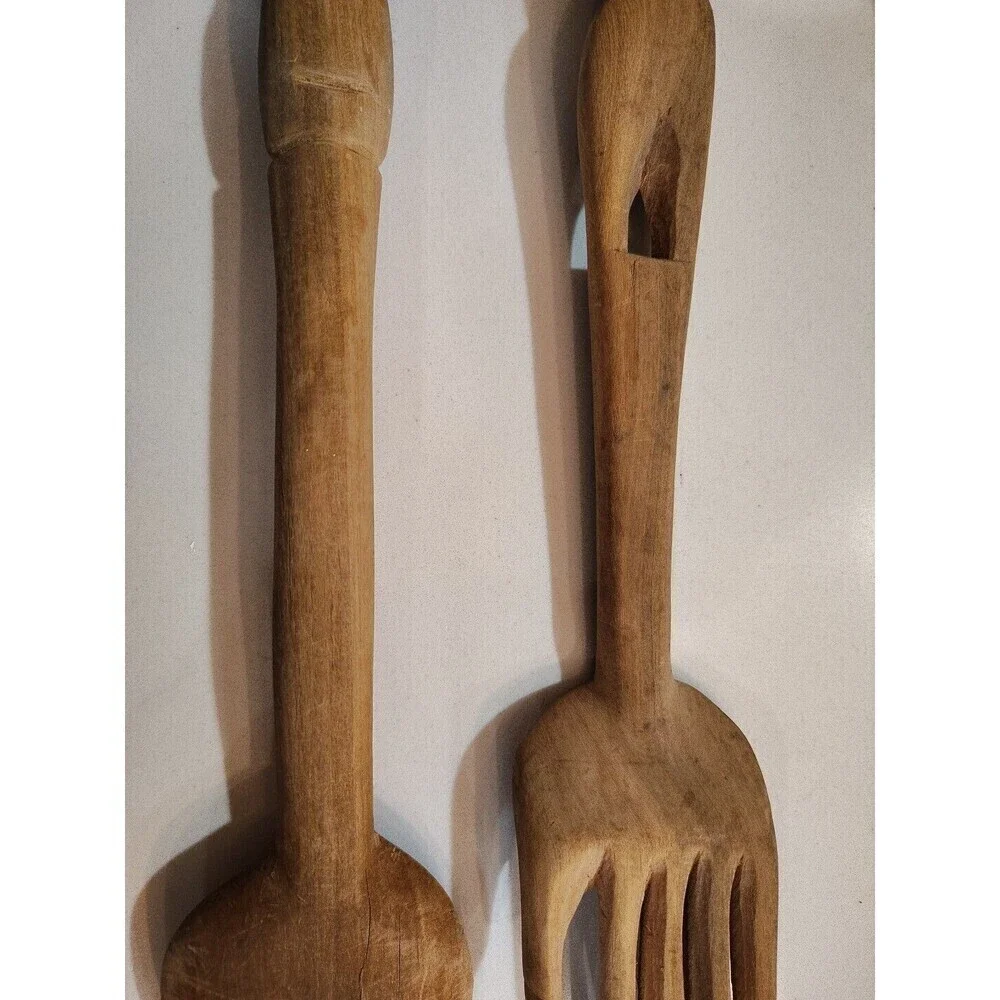 Teak Wood African Carved Fork and Spoon Salad Set Lightweight